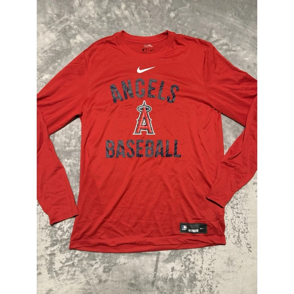 Nike Baseball Shirt Mens M Red LA Angels MLB Authentic Dri Fit Long Sleeve